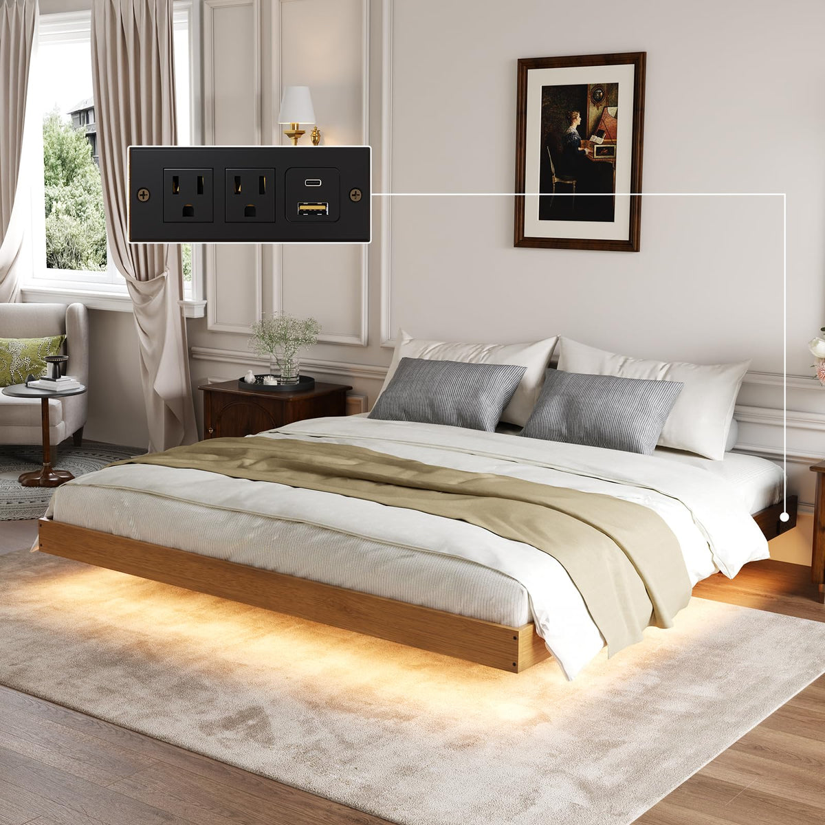 Floating Solid Wood King Size Bed Frame with Motion Sensor LED Light & Charging Station, Heavy Duty Platform Bed