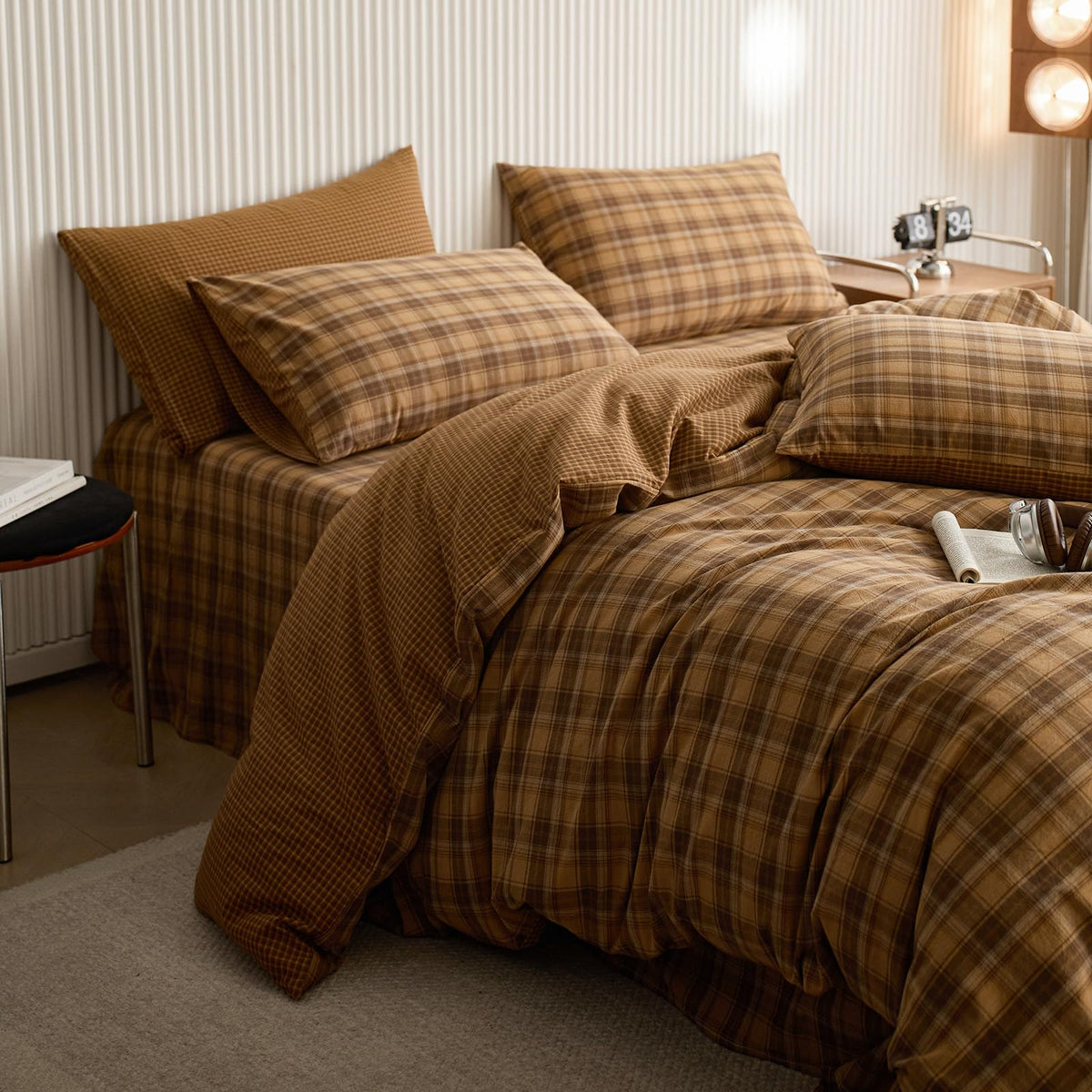 Vintage Style Mustard Yellow Plaid Duvet Cover Set, 100% Washed Cotton Retro Yellow&Brown Grid Checkered Bedding