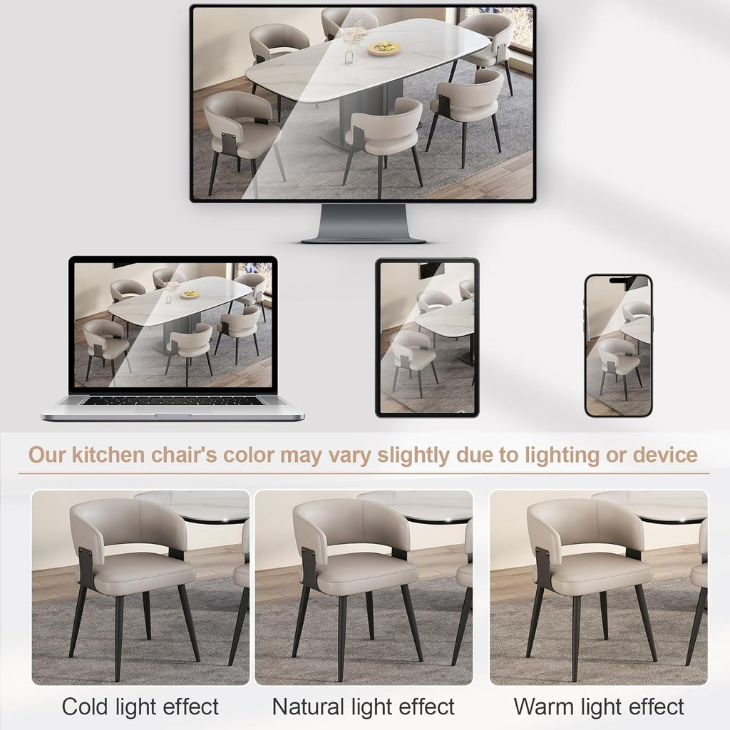 Modern Dining Chairs Set of 4, Upholstered Faux Leather Kitchen Chairs with Ergonomic Curved Open Back and Metal Legs, Warm Gray