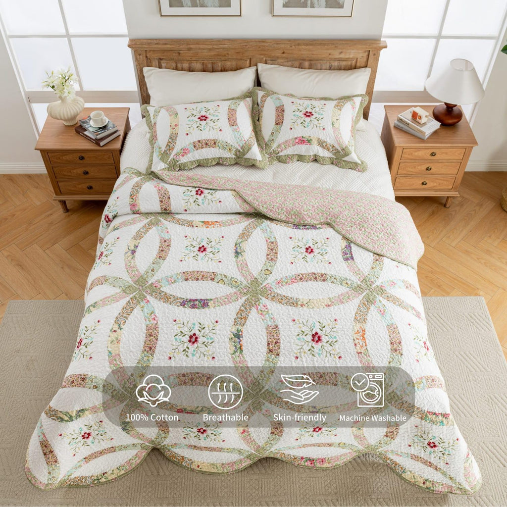Cotton Real Patchwork Embroidery Quilt Set 3-Piece. 100% Washed Cotton. 376 Hand Cut Patches. Embroidery and Allover