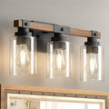 3-Light Farmhouse Bathroom Vanity Light, Seeded Glass, Black & Wood | Bubble Glass Shade Wall Sconce, Over Mirror