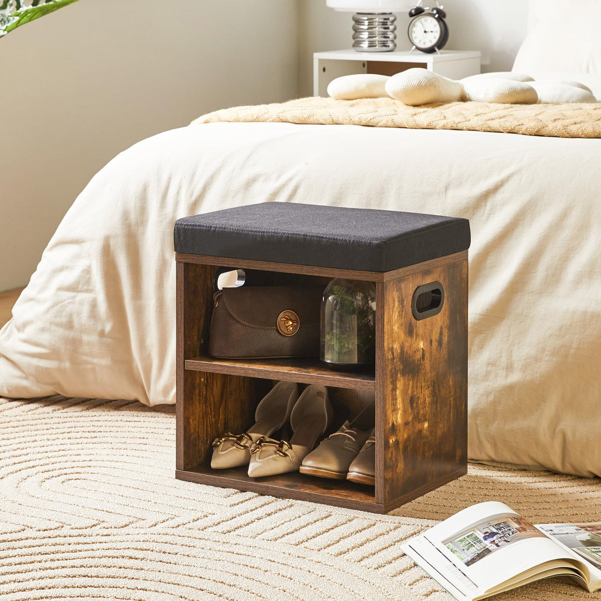 Small Shoe Storage Bench with Cushion, Rustic Brown