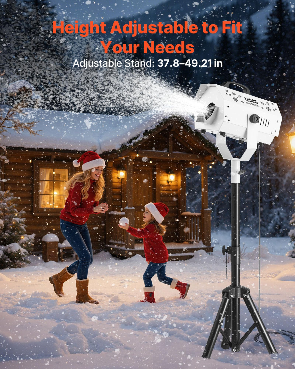 Snow Machine, 1500W Snow Maker Machine with Height Adjustable Stand and Wireless Remote Control, High Output Portable