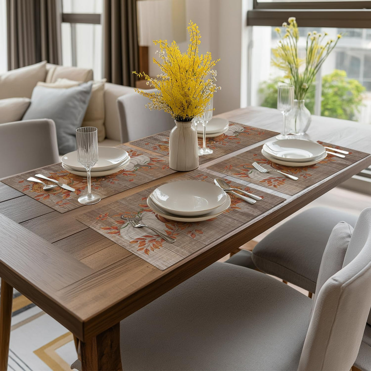 Wood Pumpkin Leaves Fall Vinyl Placemats Set of 6, Wipeable Woven PVC Table Mats for Thanksgiving Farmhouse Party