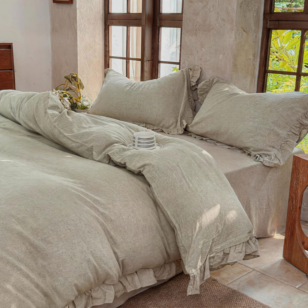 100% French Flax Linen Ruffled Duvet Cover Set, Linen