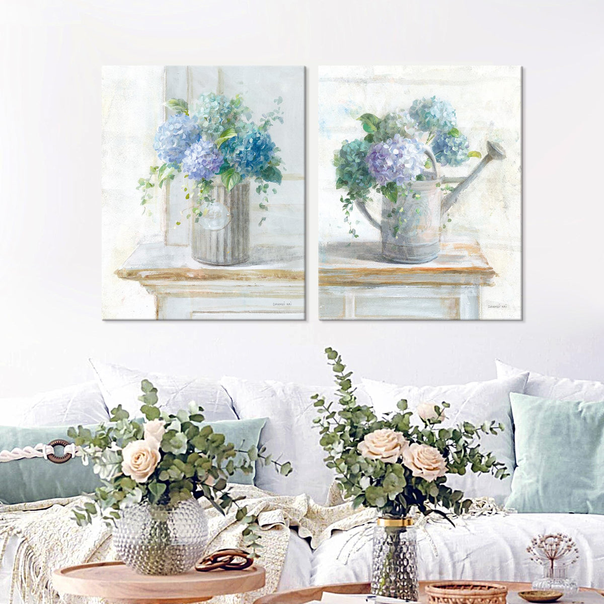 Blue Hydrangea Bathroom Wall Art 2 pcs Farmhouse Rustic Flower Art Botanical Floral Posters Paintings Framed Artwork