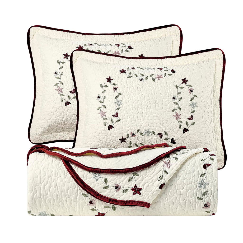 Embroidery Quilt Set, Cotton Material and Filling, with Tranditional Embroidery Patten, 3 Pieces Queen Set, Prewashed