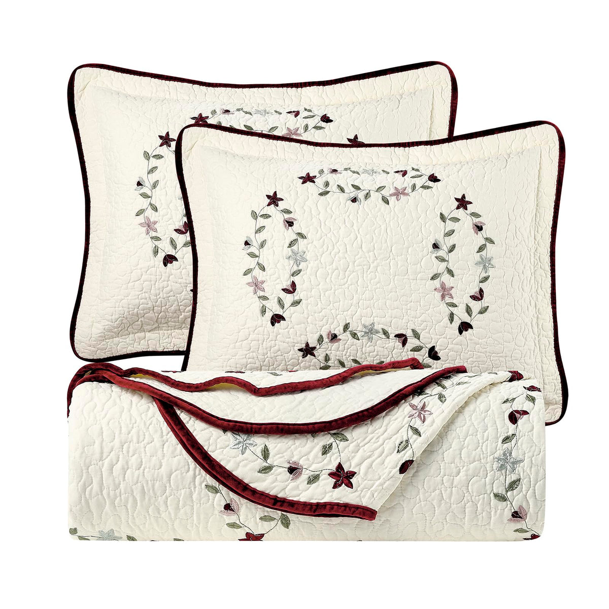 Embroidery Quilt Set, Cotton Material and Filling, with Tranditional Embroidery Patten, 3 Pieces Queen Set, Prewashed