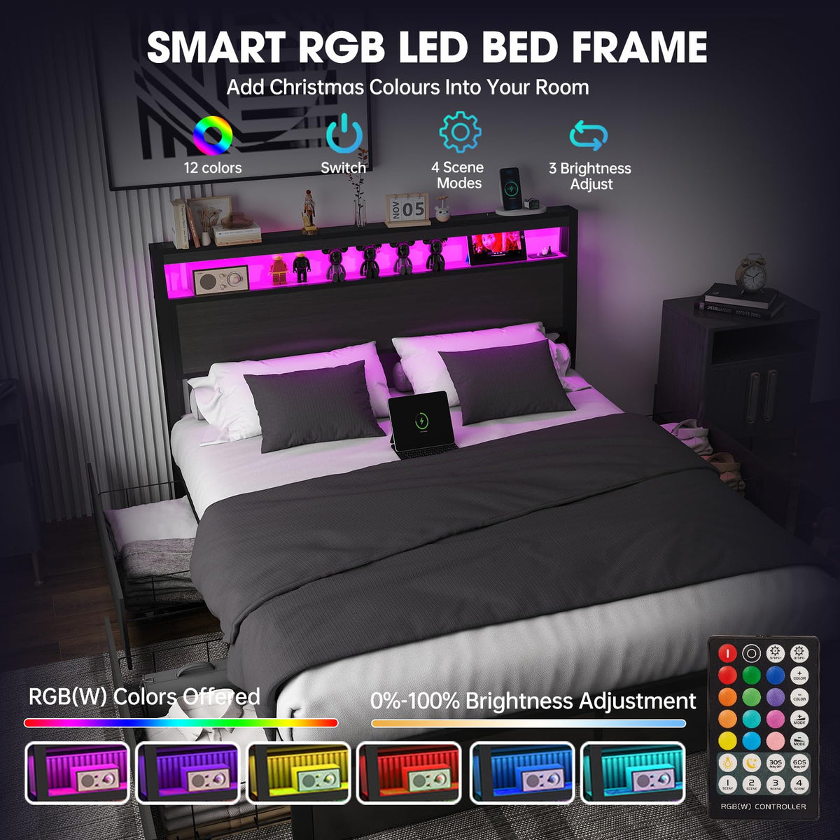 Bed Frame with 2-Tier Storage Headboard and 4 Drawers, Metal Platform Bed Frame with LED & Charging Station, No