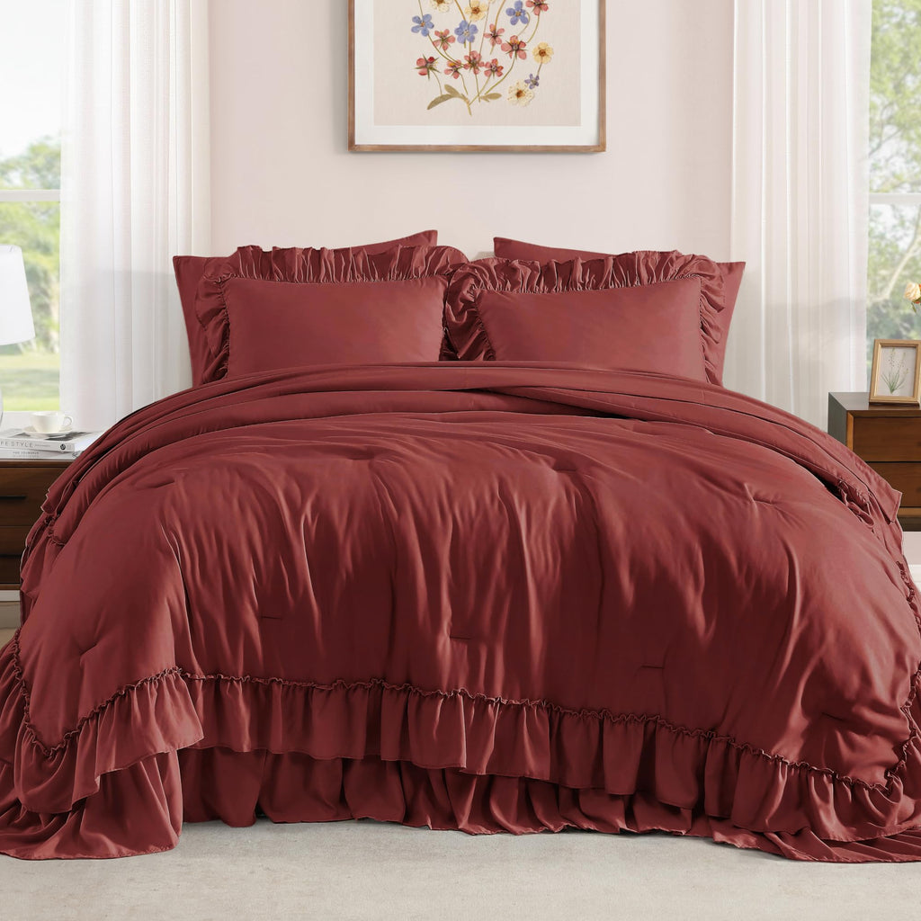 Comforter Set Syrah Red Ruffle 7 Pieces Farmhouse Bed in a Bag