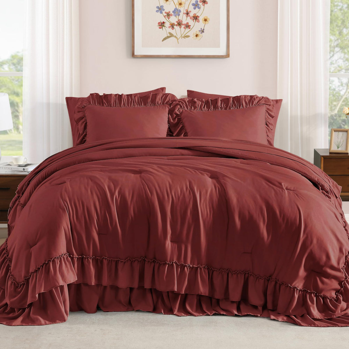 Comforter Set Syrah Red Ruffle 7 Pieces Farmhouse Bed in a Bag