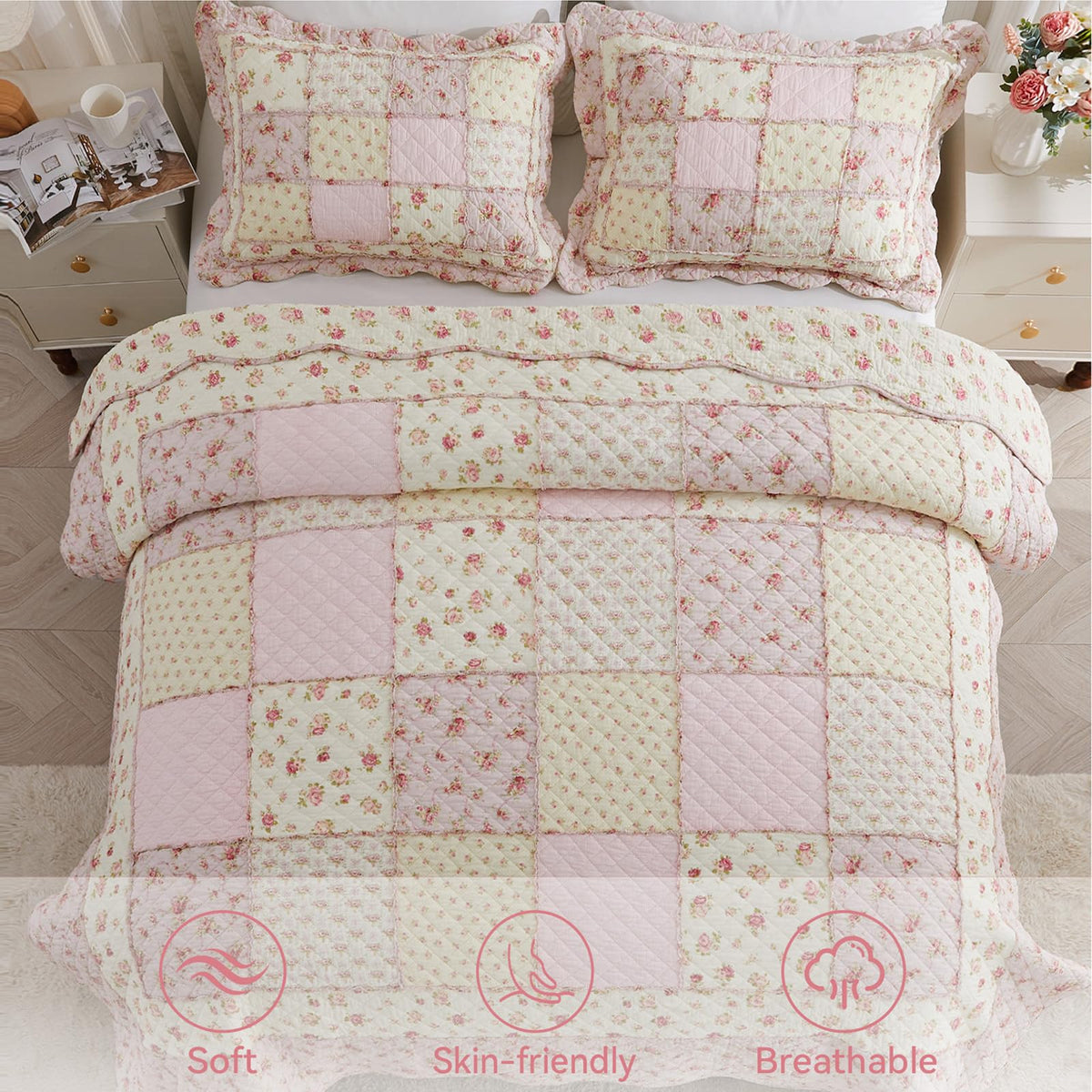 100% Cotton Patchwork Quilt Set Queen, Real Sewn, 3-Piece Pink Floral Quilt Bedding Set Reversible Lightweight