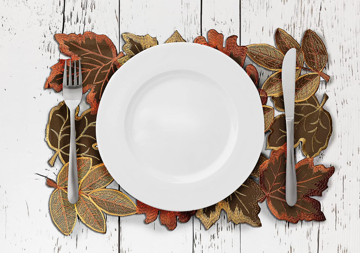 Embroidered Fall Placemats Set of 6, 15 in, Thanksgiving Round Table Mats