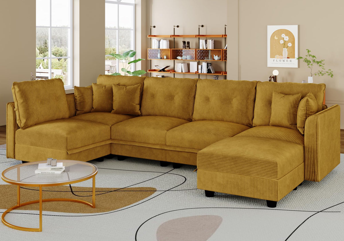 Modular Sectional Sleeper Sofa with Storage, U Shaped 6-Seat Corduroy Couch with 5 Throw Pillows, Convertible Sofa