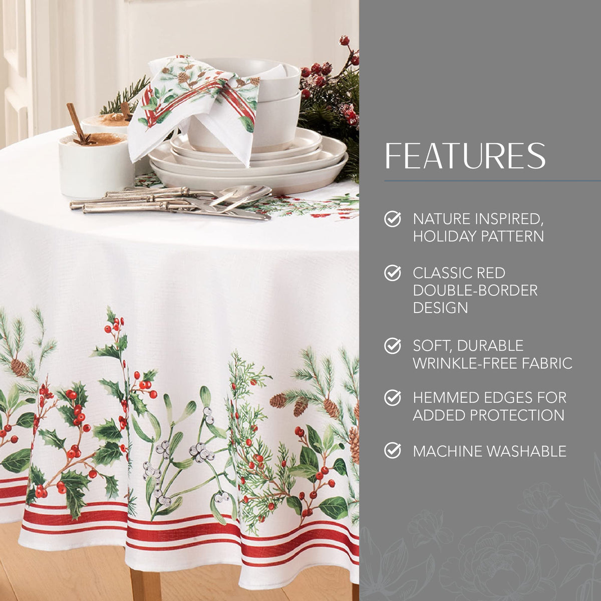 Winter Holiday Berry Fabric Tablecloth, Multicolor - 70" W x 70" L Round