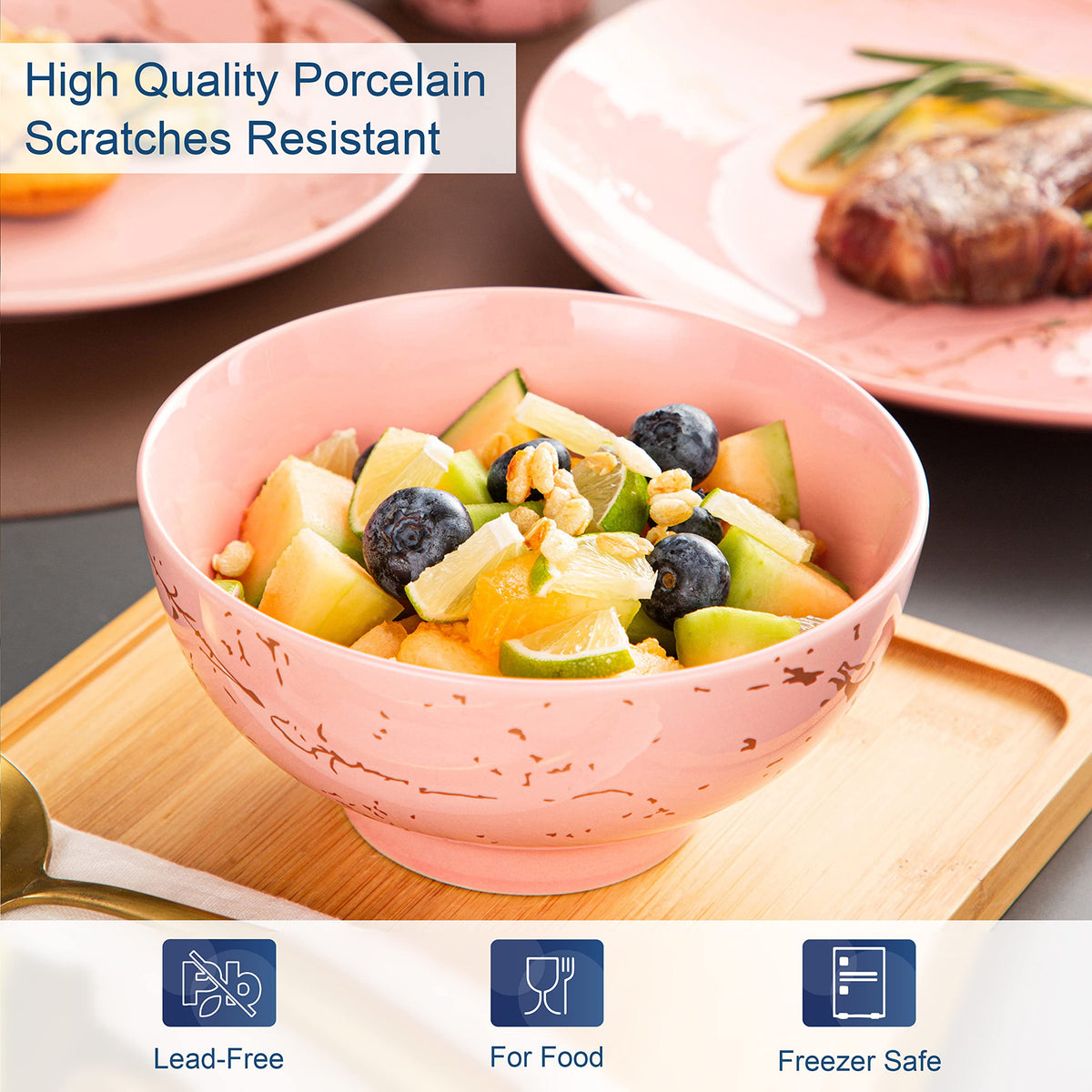 Pink Dinnerware Set for 4, 16 Piece Porcelain Dish With Plates, Bowls and Mugs, Gold Splash Glaze Round Modern