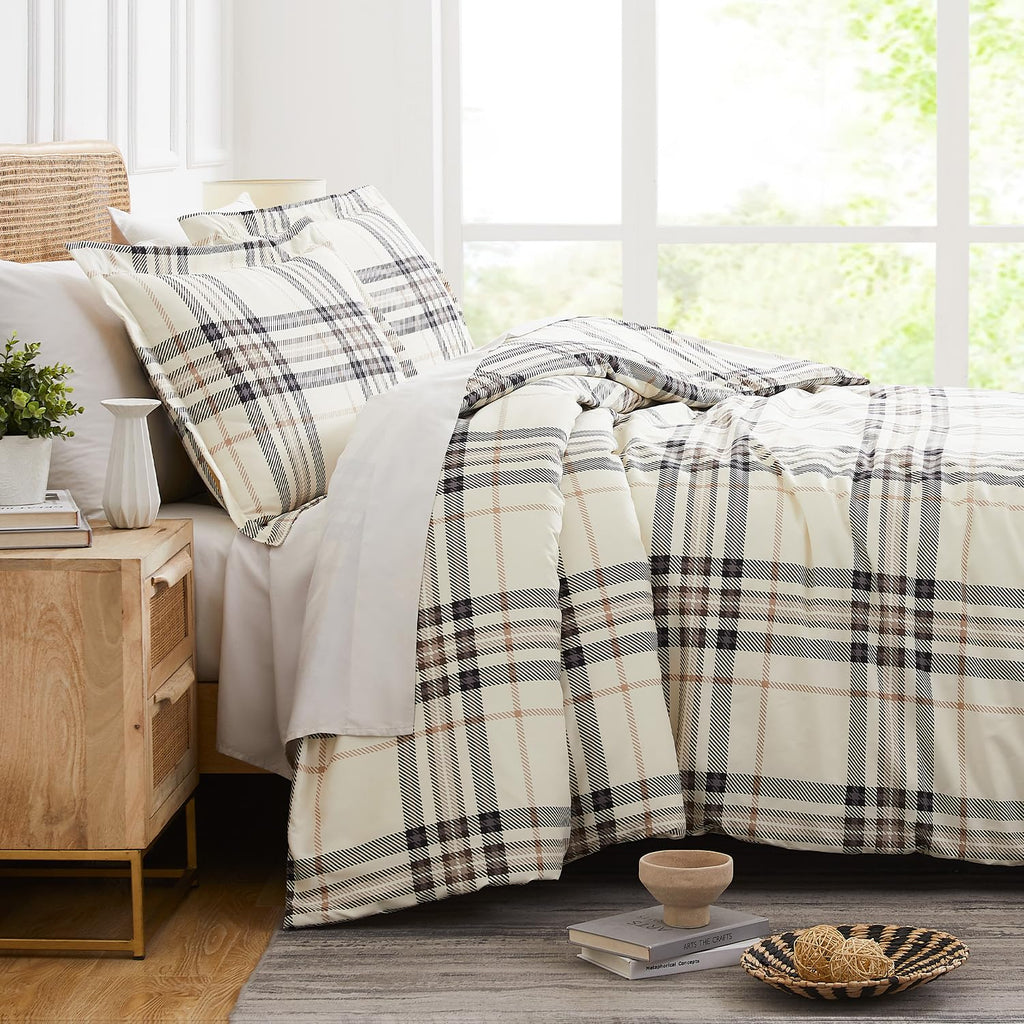 3 Piece Comforter Set w/ Shams, Tofu Cream Bedding Plaid