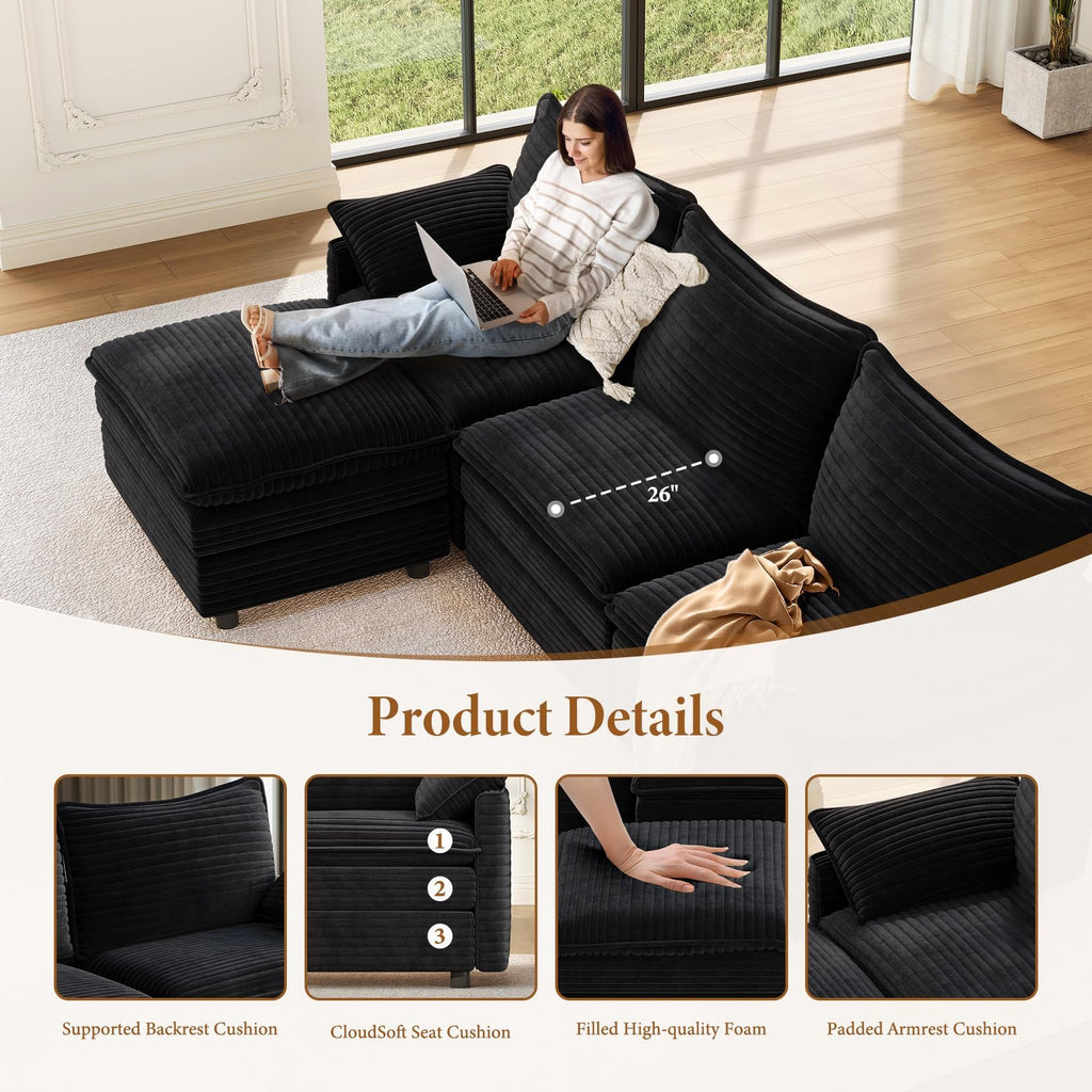 169" U Shaped Sectional Modular Couch, Comfy Cloud Sofa, Black