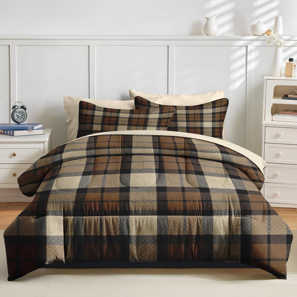 Comforter Set with Sheets, 7 Pieces Plaid Brown Bedding