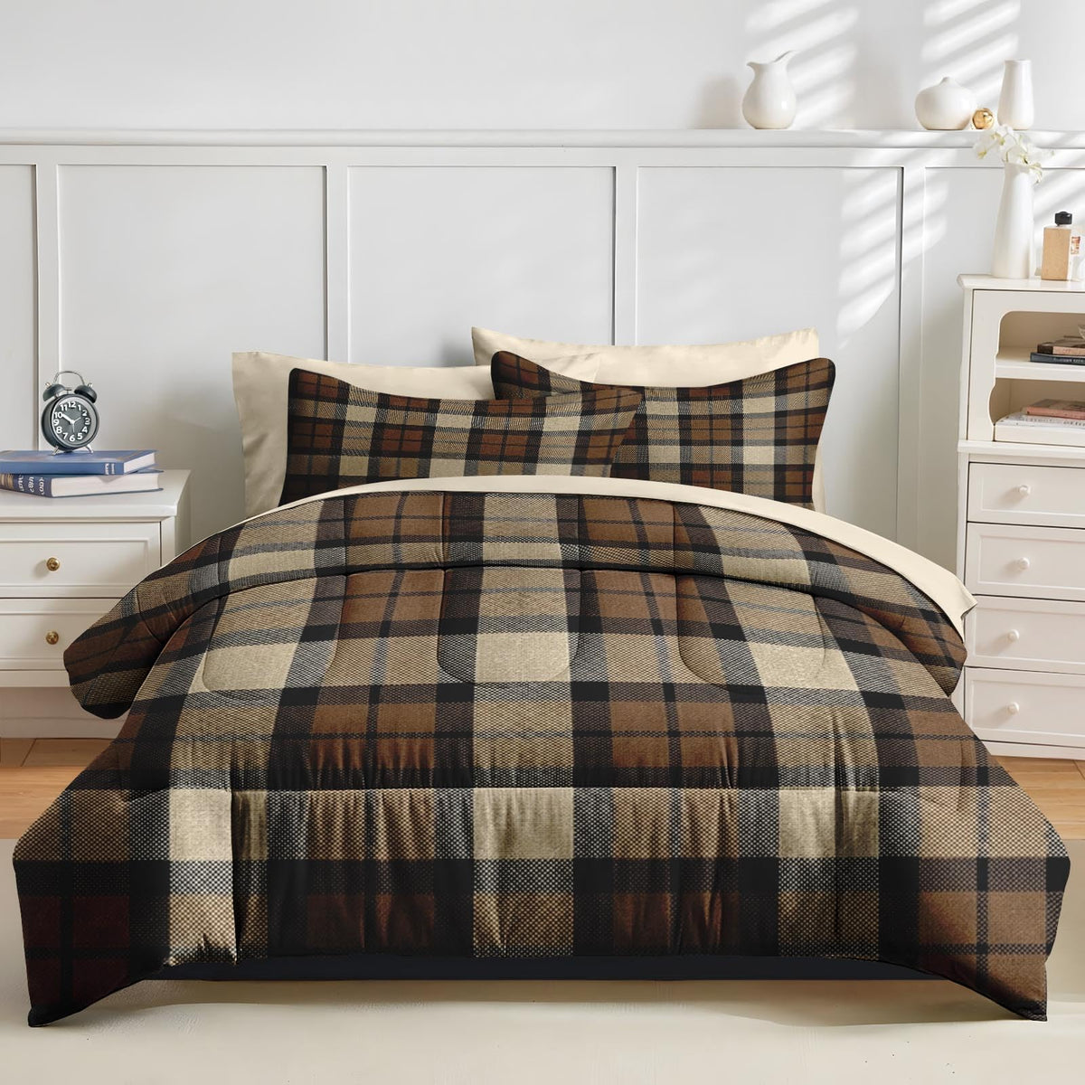 Comforter Set with Sheets, 7 Pieces Plaid Brown Bedding
