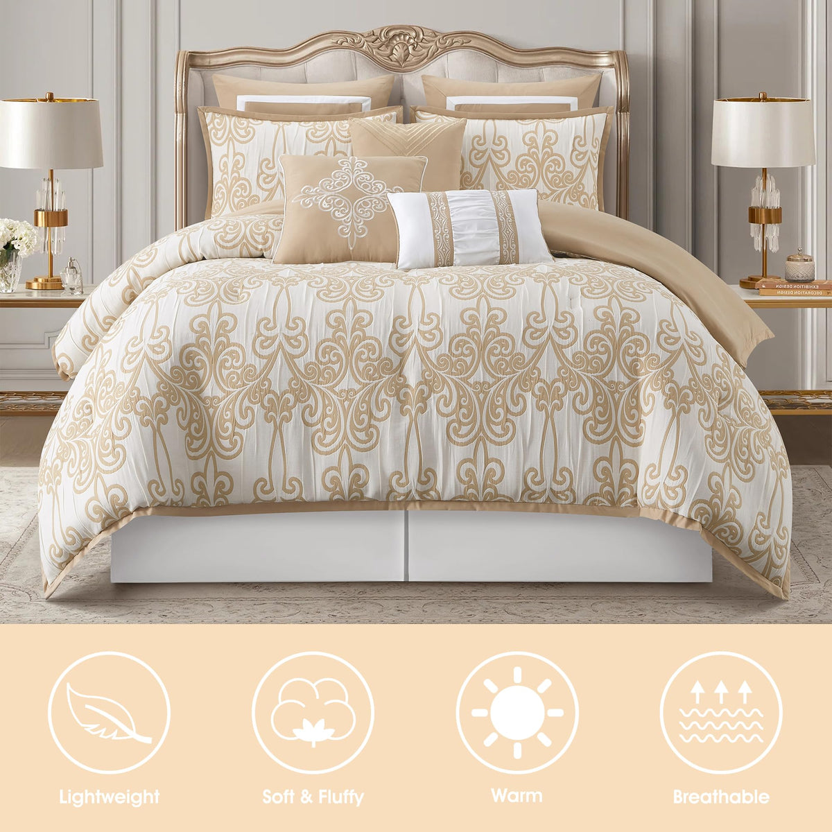 9 Piece Beige Gold Comforter Set, Luxury Jacquard Woven with Modern Scroll Design, Bed in a Bag for