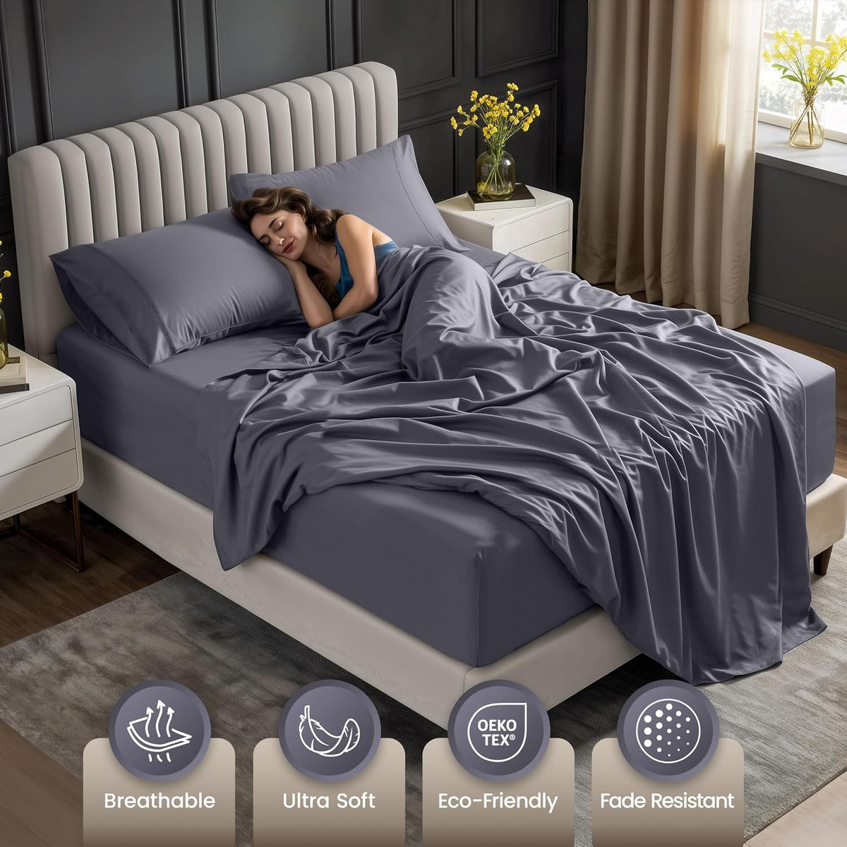 Extra Deep Pocket Queen Sheet Set - 4PCs Fits Up to 21 Inches - Grey - Set of 4