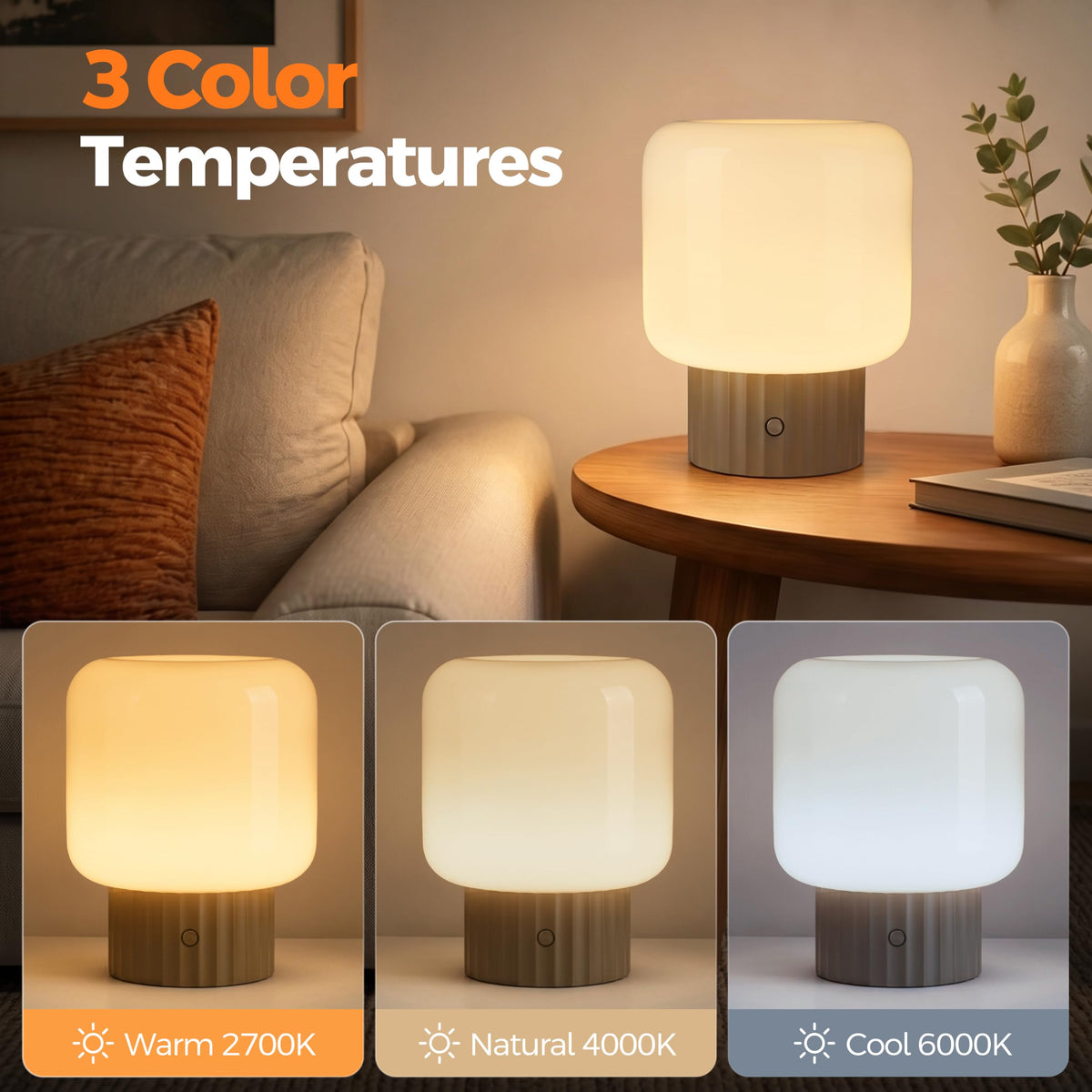 Mushroom Lamp, Cordless Rechargeable Table Lamp with Glass Shade, 3 Color Temperatures & Stepless Dimming, 5200mAh