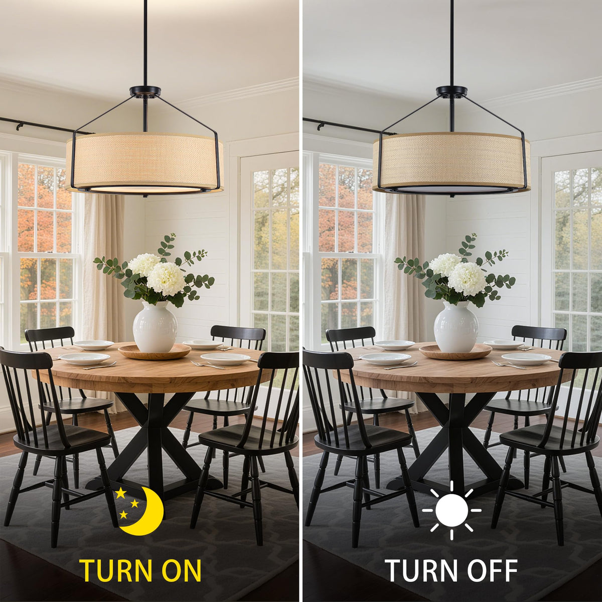20Inch Drum Chandeliers, Yellow Rattan Drum Chandelier with Metal and Fabric Shade, Adjustable Height, Simple Modern