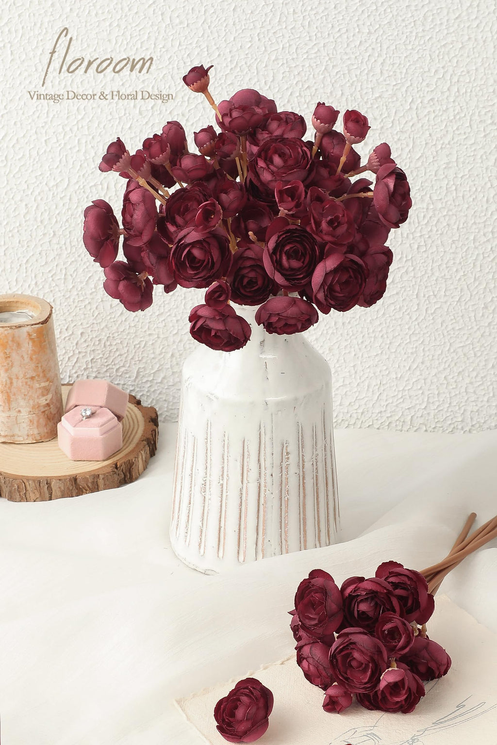 Ranunculus Artificial Flowers 18 Pcs Burgundy Faux Silk Mini Ranunculus Bulk Fake Wedding Filler Flowers for DIY Red
