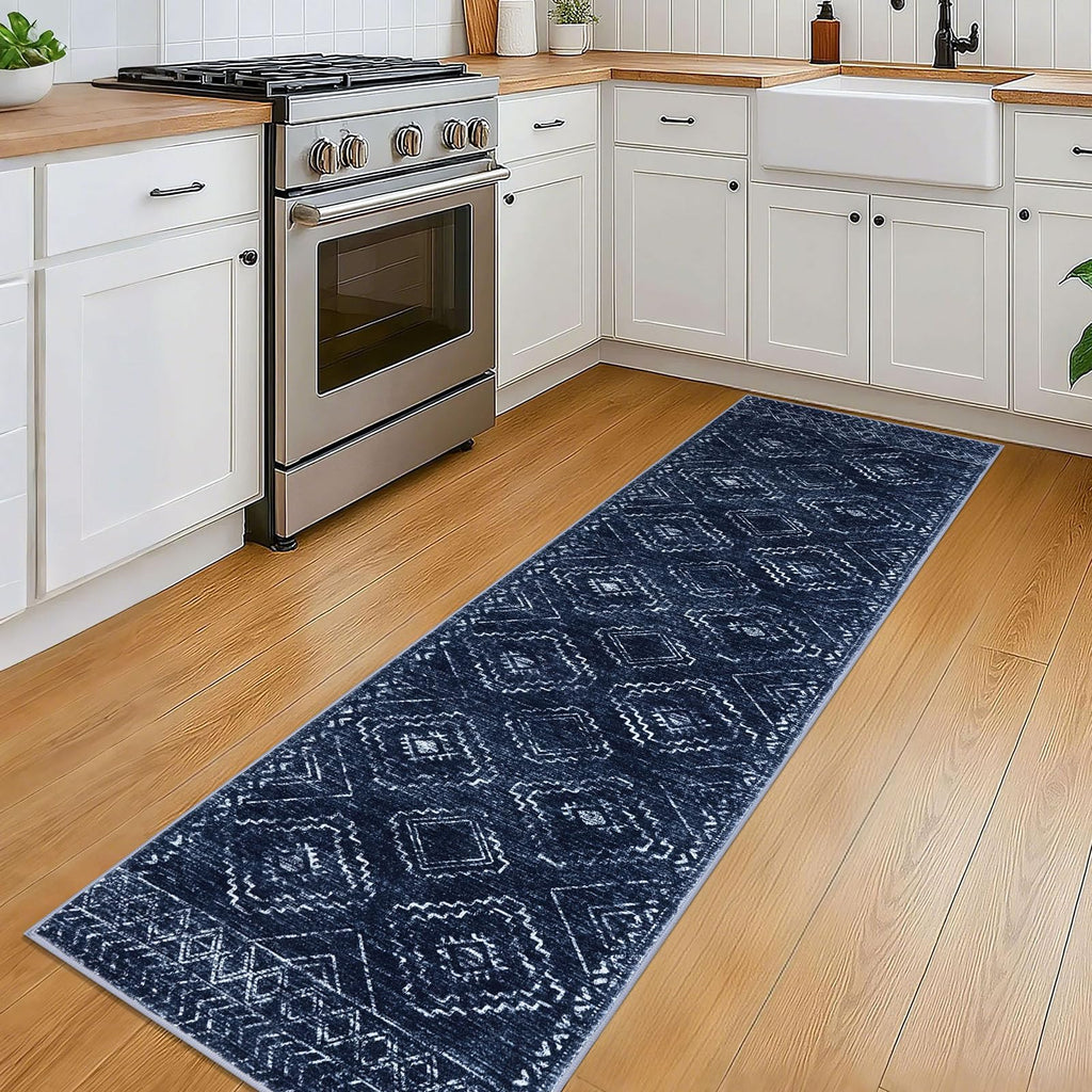 Washable Runner Rug Non Slip Hallway Runners, Dark Blue