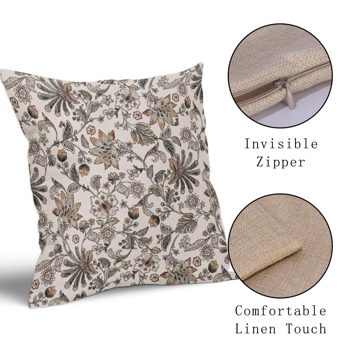 Vintage Floral Pillow Covers 20x20 Inch Set of 2, Brown Grey Antique Flower Tapestry Carpet Pattern Block Print