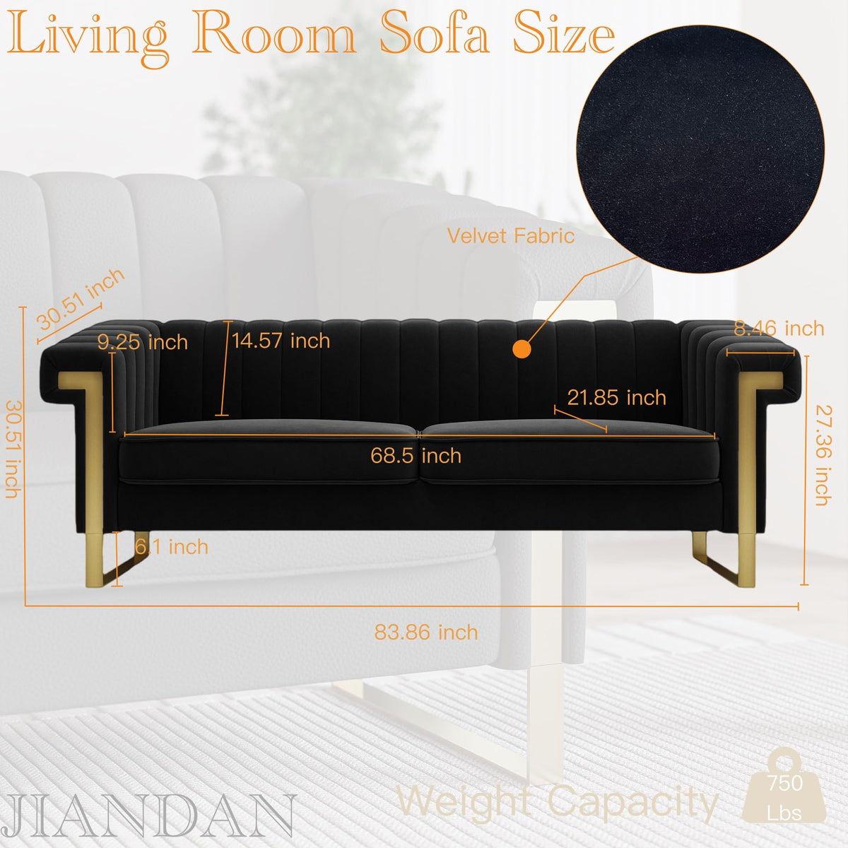 Mid-Century Modern Black Sofa with Gold Metal Legs, 83.86" Luxury Chesterfield Comfy Couches (, Black)