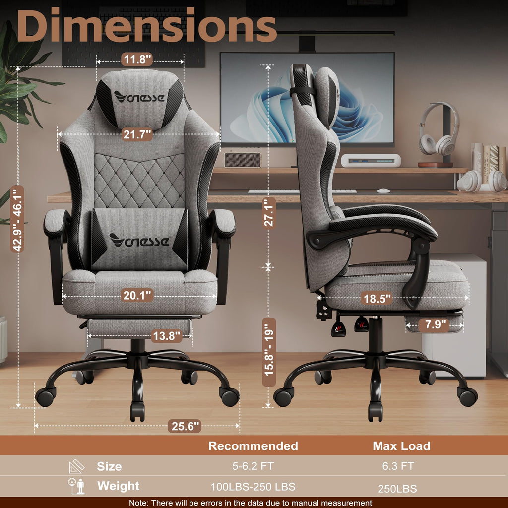 Gaming Chair, Desk Chair with Linen Breathable Mesh Fabric, Office Chair with Adjustable Lumbar Support, Computer