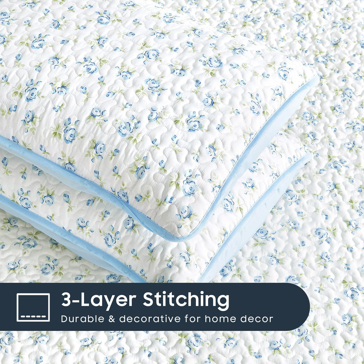Floral Quilt Set, White Blue