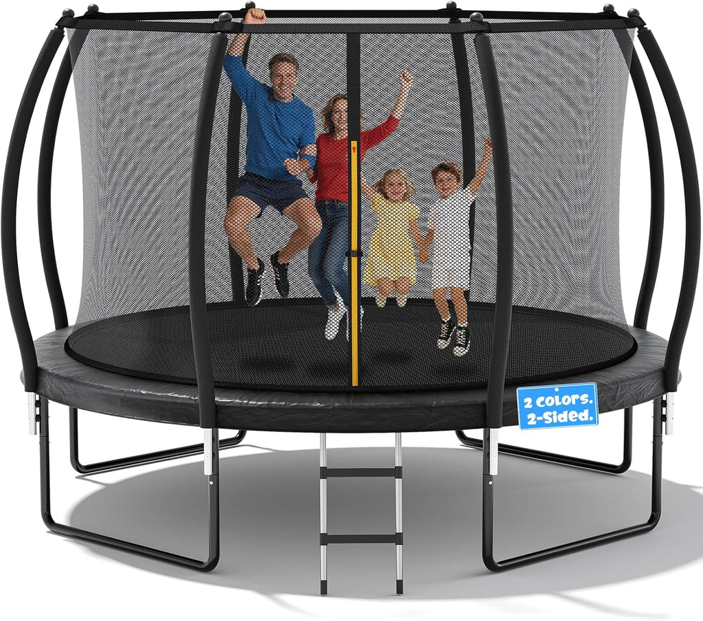 Trampoline Outdoor, 8FT 10FT 12FT 14FT Trampoline for Kids with Enclosure and Double-Sided Color - Blue&Black, ASTM