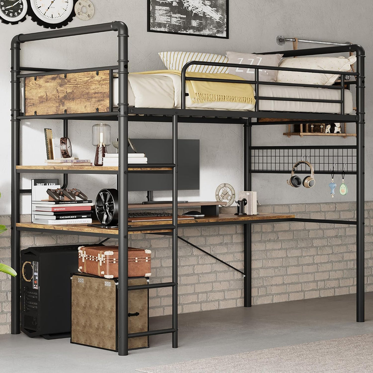 Loft Bed Twin with l-Shaped Desk, Metal Bunk Bed with 2 Open Shelves and Decorative Mesh