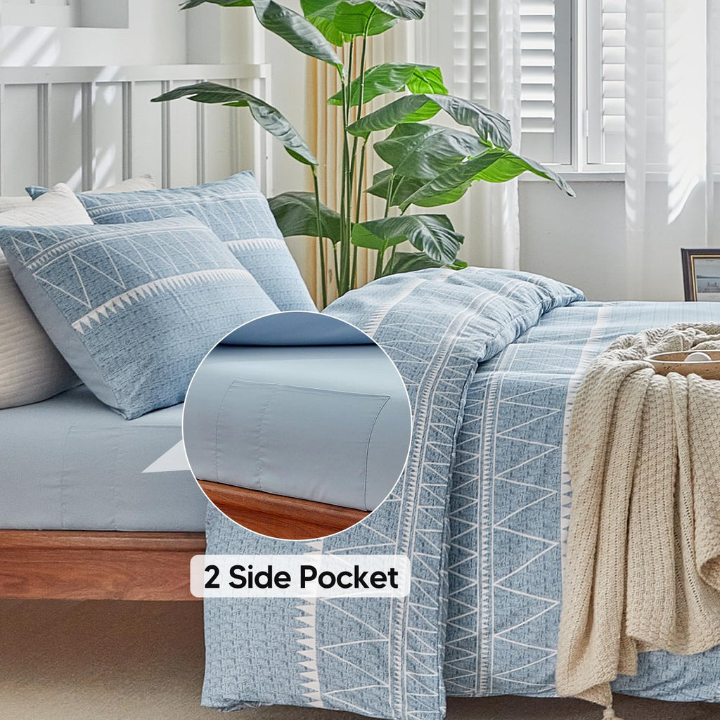 Duvet Cover with Fitted Sheet - 4 Pieces Blue Striped Printed Soft Bedding Set, Includes 1 Duvet Cover