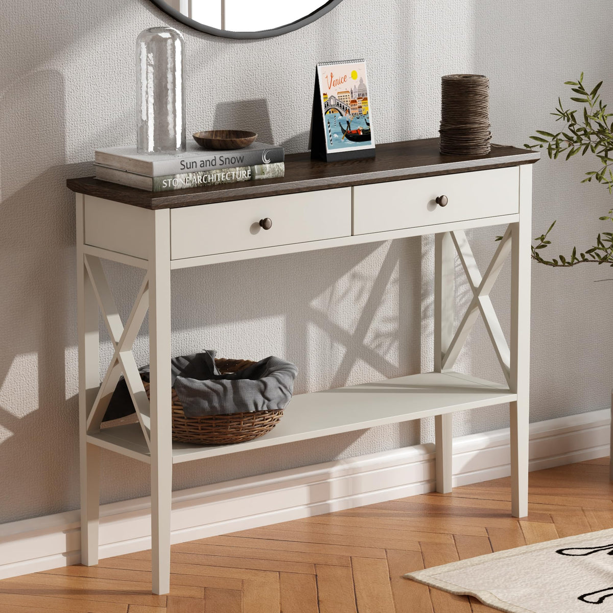 39" Farmhouse Entryway Table with Drawers and Storage Shelf