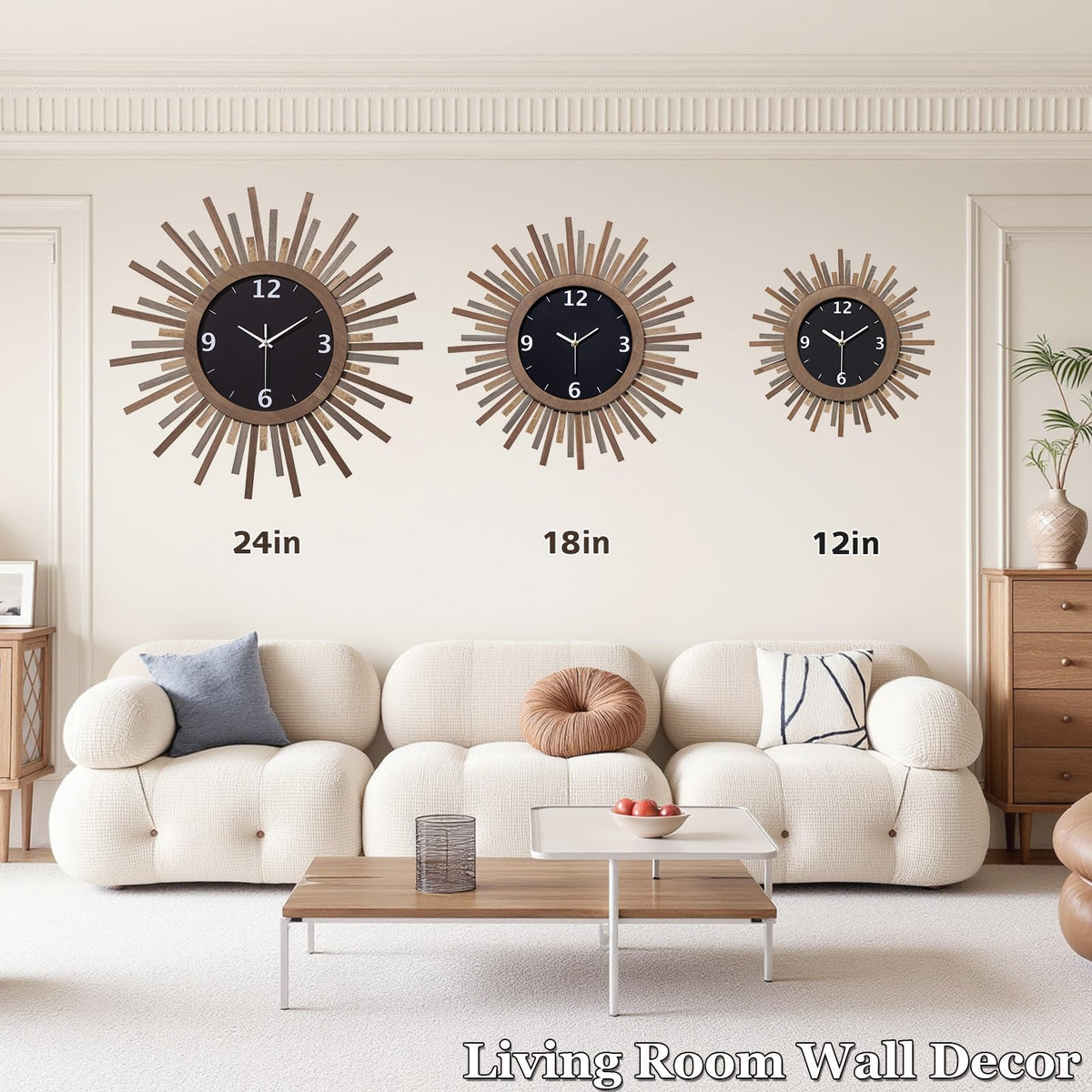 Inspired Nelson Style 18 Inch Large Wall Clock, Battery Operated, Silent, Rustic Wood Boho Sunburst Decorative Wall Clocks Kitchen Bedroom