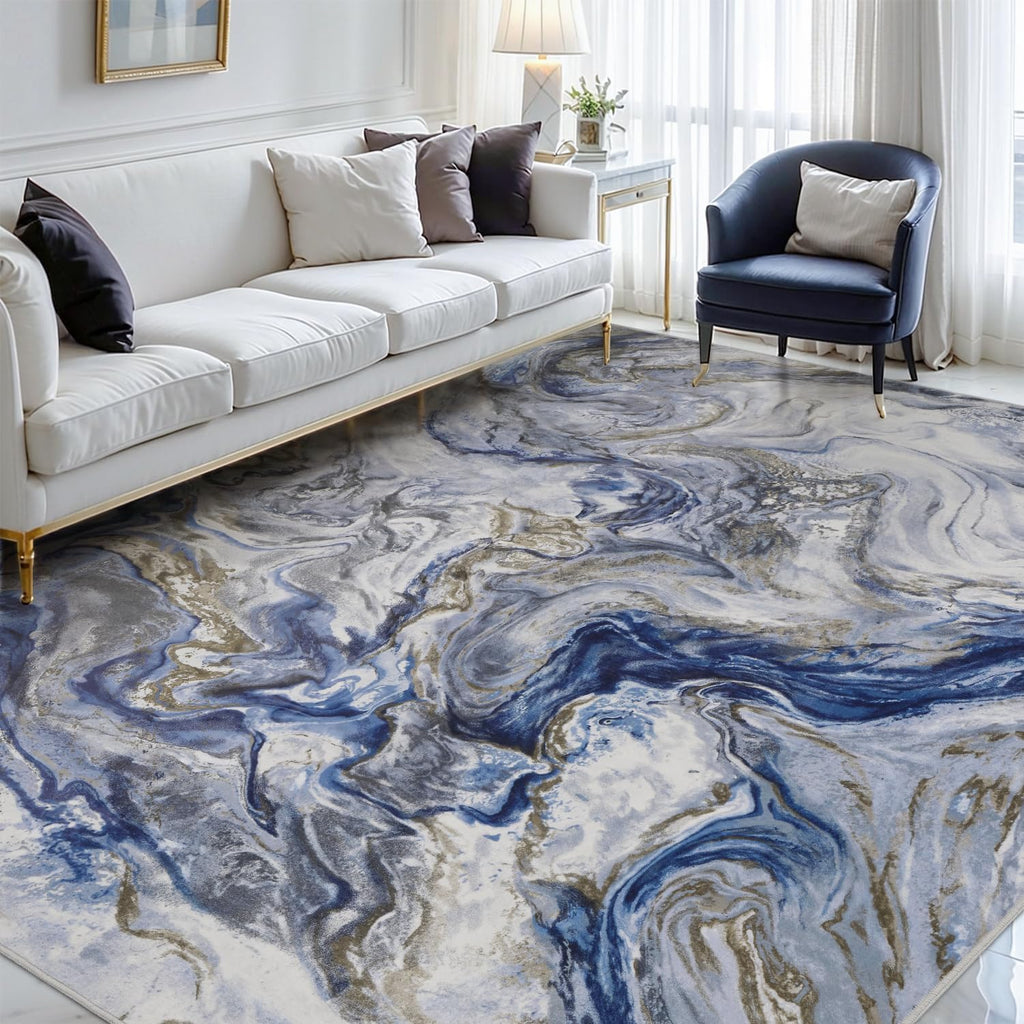 Abstract Area Rug, Washable Non-Slip Low Pile, Marble Blue