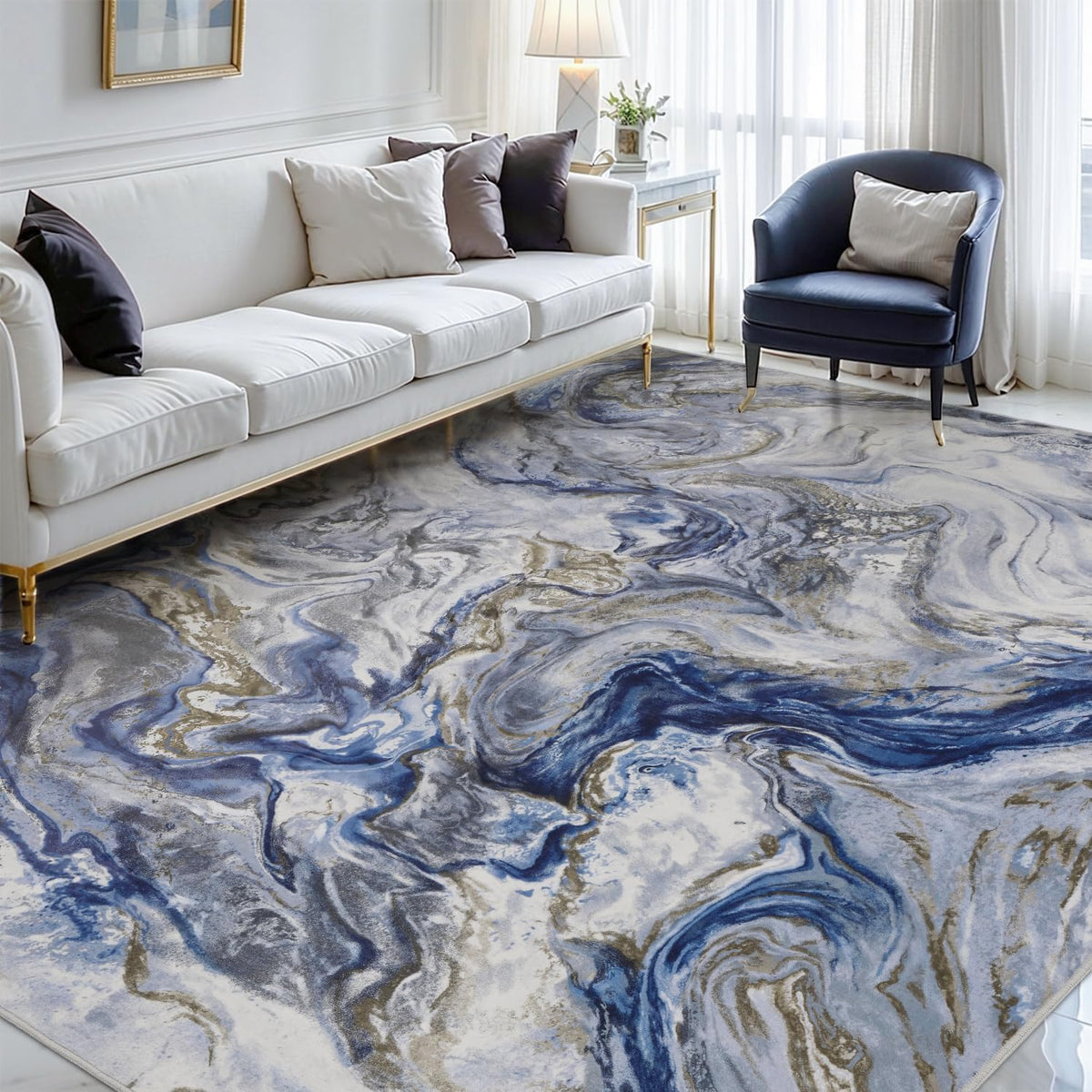 Abstract Area Rug, Washable Non-Slip Low Pile, Marble Blue
