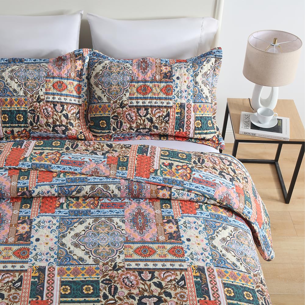 Cotton Bedspread Bohemain Quilt Sets, Reversible Coverlet Lightweight Comforters with 2 Shams, Vintage Farmhouse
