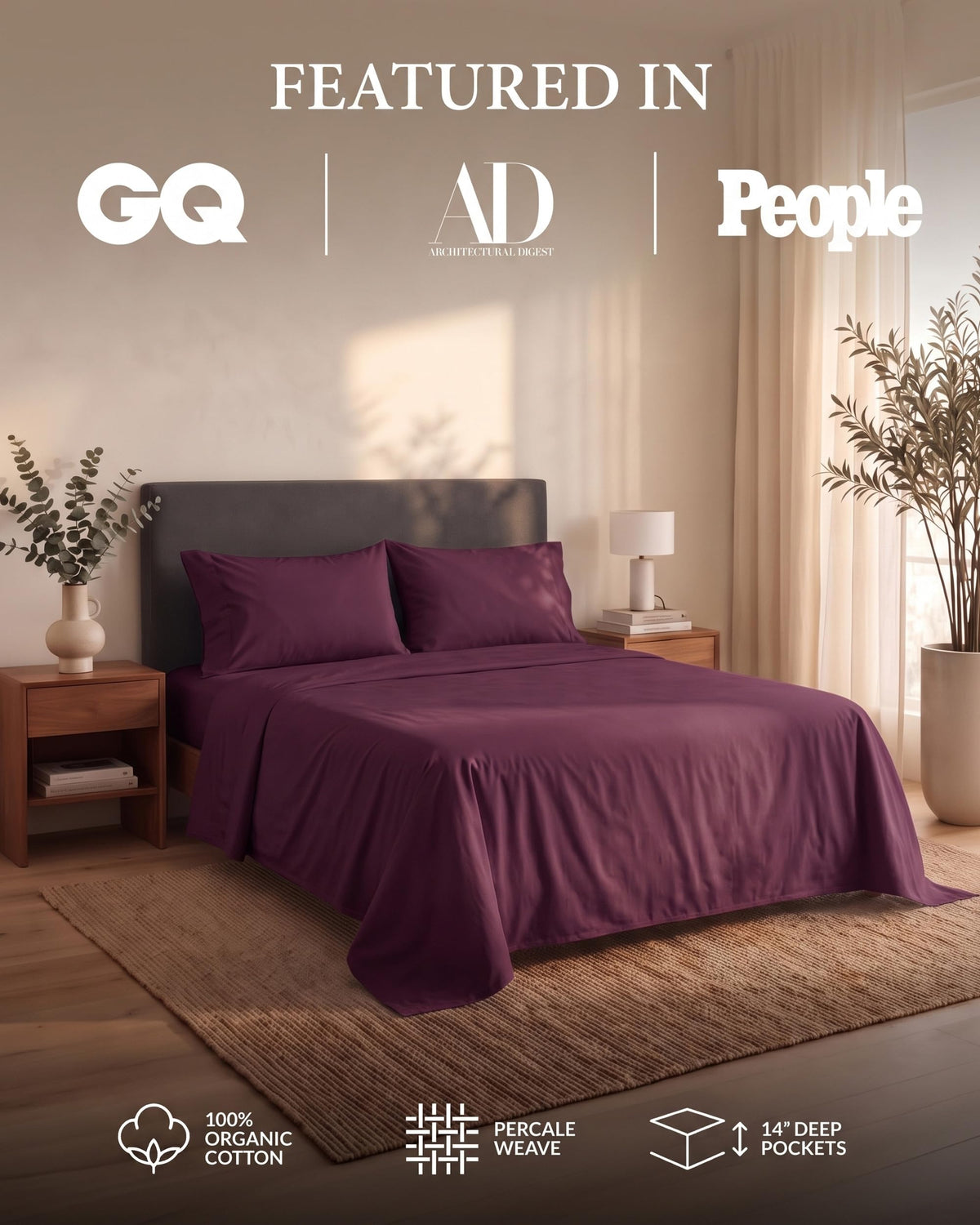 King Sheets 100% Organic Cotton 4pc Percale Soft - Windsor Wine