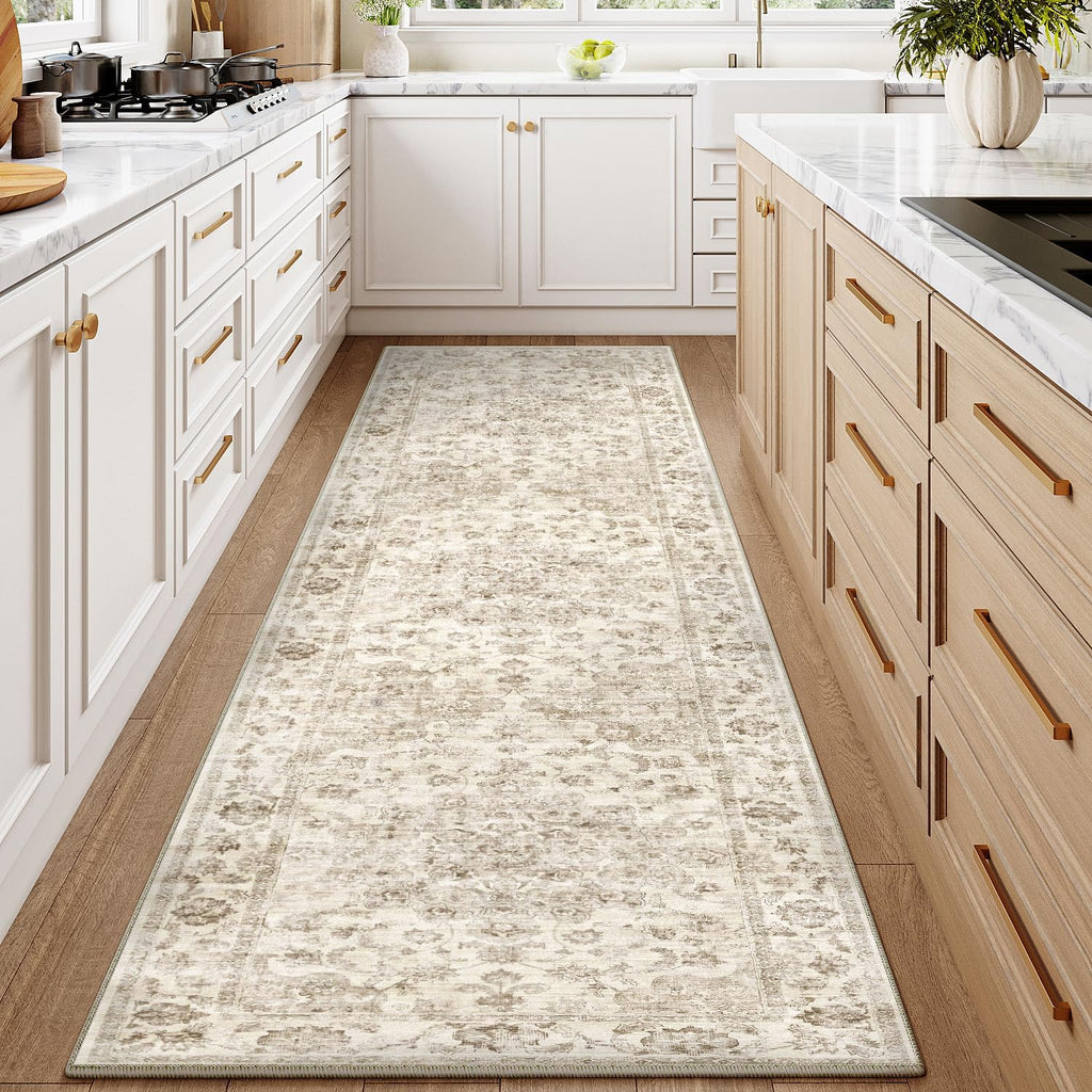 Washable Neutral Runner Rug Beige Vintage Hallway Kitchen Carpet Non-Slip Soft Low Pile Farmhouse Throw Rug for Bedroom Bathroom Laundry Living Room