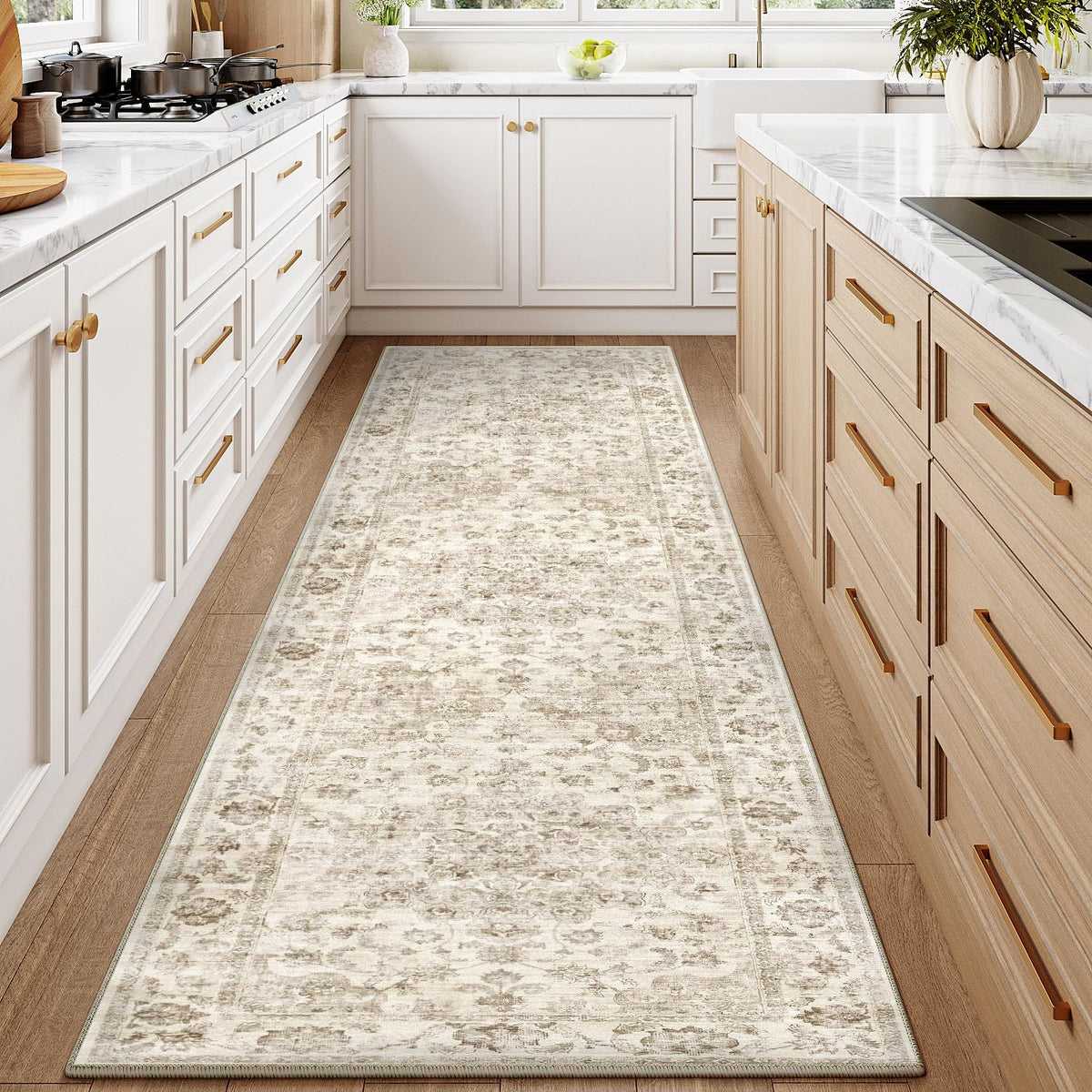 Washable Neutral Runner Rug Beige Vintage Hallway Kitchen Carpet Non-Slip Soft Low Pile Farmhouse Throw Rug for Bedroom Bathroom Laundry Living Room