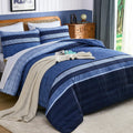 Navy Blue Comforter Set, 7 Pieces Striped Bed in a Bag