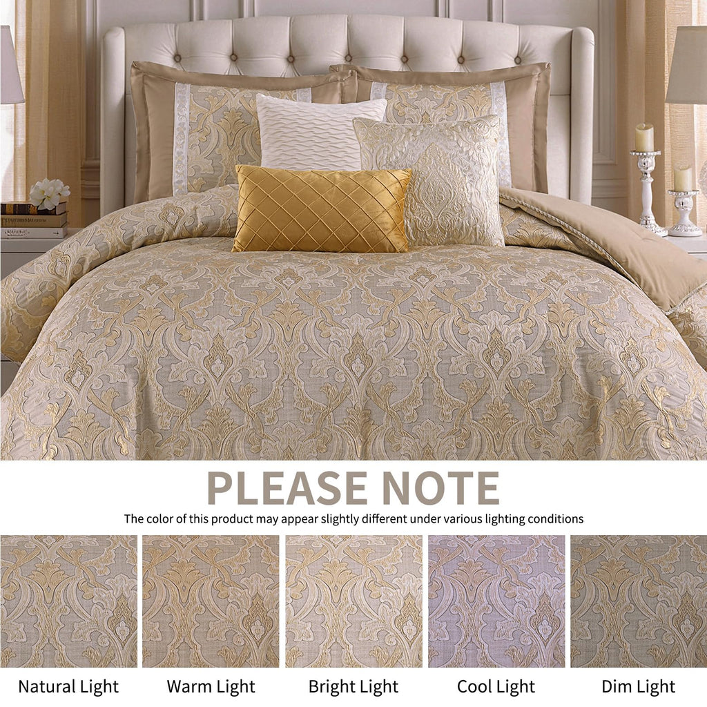 Beige Gold Comforter Set, Luxury 7PC Jacquard Bedding