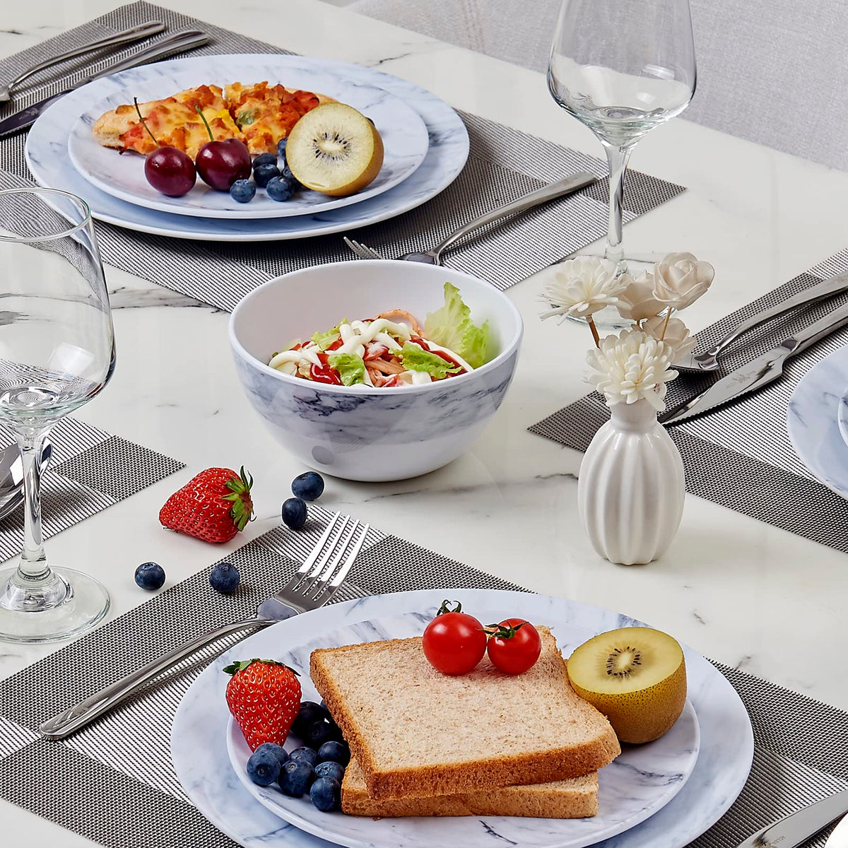 TP 12-Piece Melamine Dinnerware Sets, Service for 4, Marble Pattern