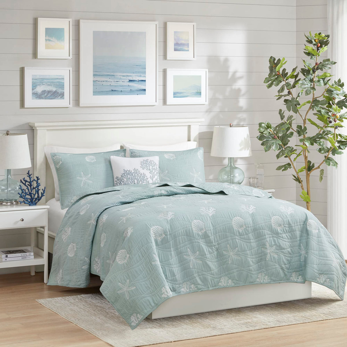 Seaside Reversible Cotton Quilt Set Coastal Clam, Starfish, Coral Embroidery, All Season, Pre-Washed Coverlet Bedding
