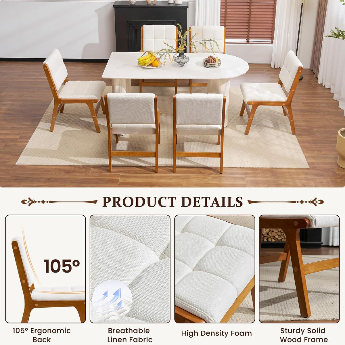 Oak Wooden Dining Chairs Set of 2, Mid-Century Modern Linen Fabric Upholstered Kitchen